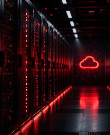 Server racks lit in red inside a cloud data centre
