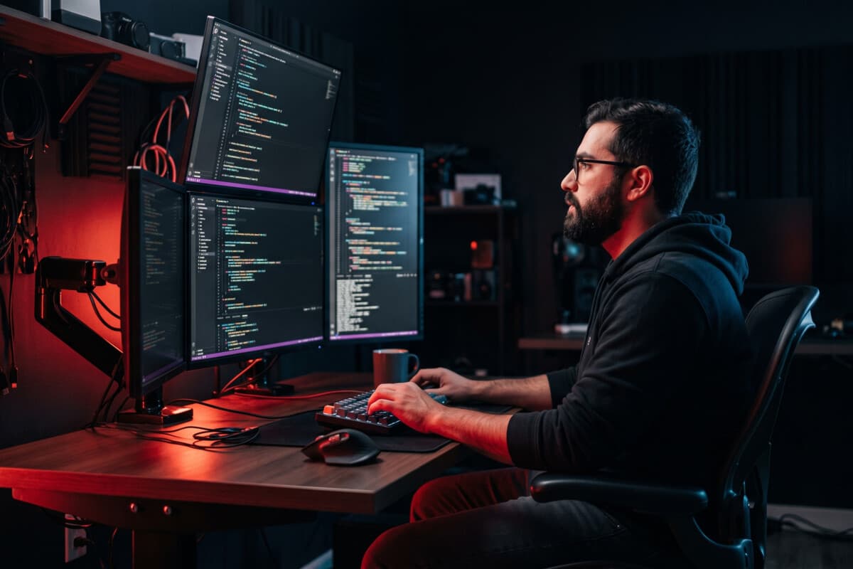 Engineers at Infrion reviewing an AI system on a large monitor